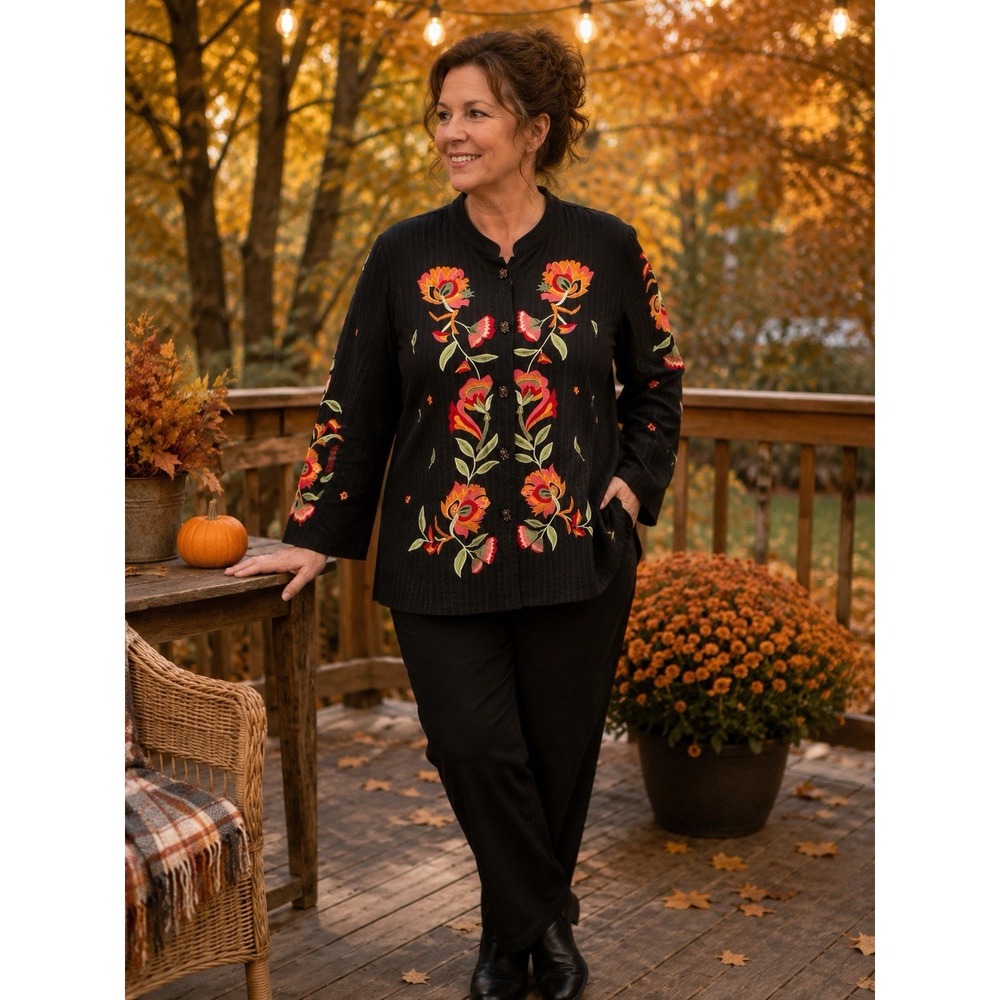 Maggie Barnes 2X Black Embroidered Floral Jacket Mandarin Collar Boho Artsy